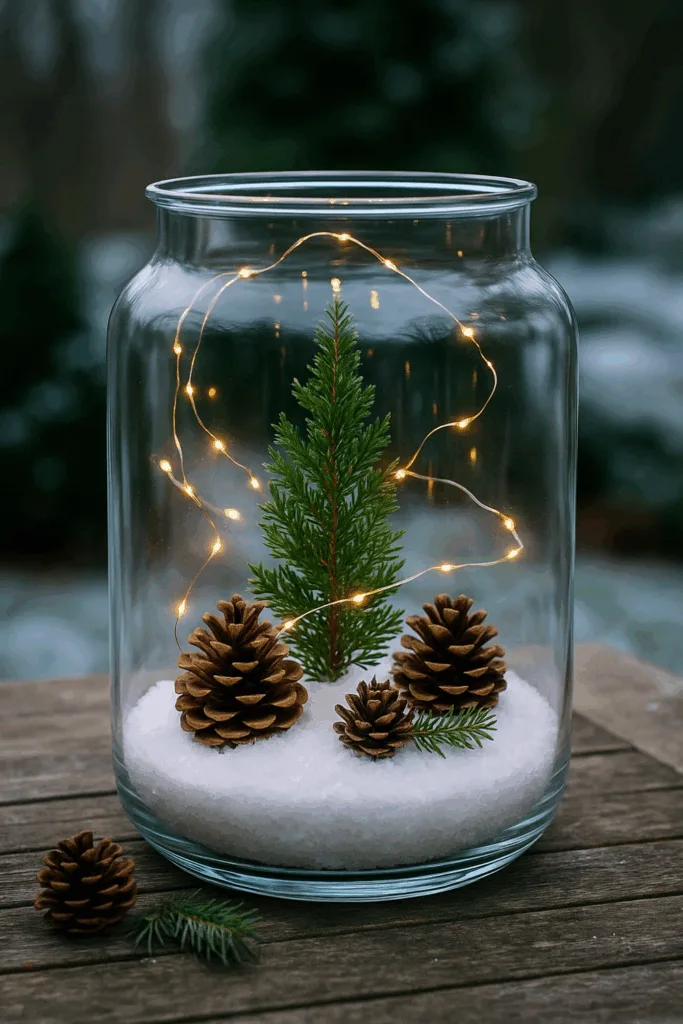 Winterdeko für den Gartentisch mit Glasgefäß, Tannenzapfen und Lichterkette
