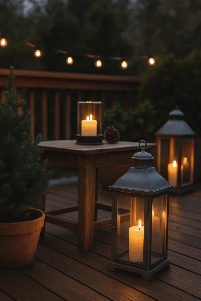 Winterdeko Terrasse mit Laternen, Kerzenlicht und Lichterkette bei Dämmerung