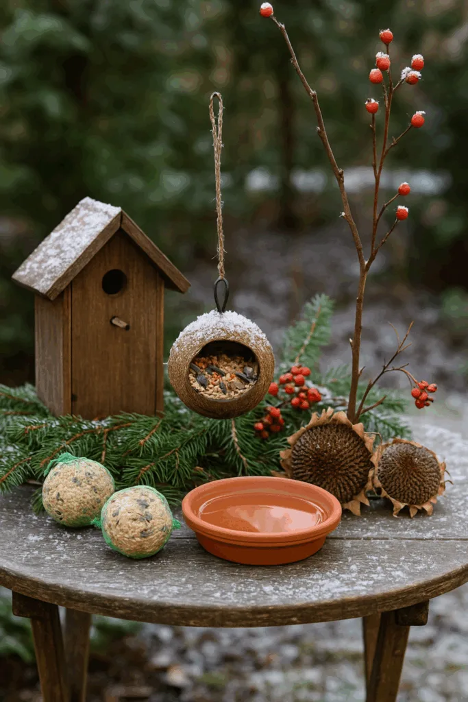 Winterdeko für den Gartentisch mit Vogelhaus, Meisenknödeln und Tannenzweigen