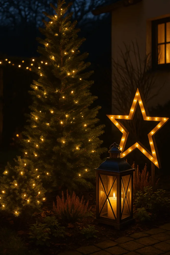 Weihnachtsdeko im Garten mit Lichterkette, Tannenbaum und Laterne bei Nacht