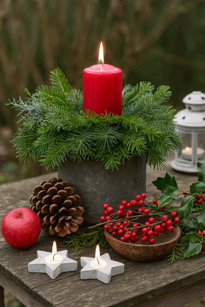 Natürliche Weihnachtsdeko im Garten mit Tannenzweigen, roten Beeren und Kerzen