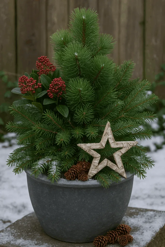 Weihnachtsdeko im Garten mit Tannenzweigen, roten Beeren und Pflanzkübel im Schnee