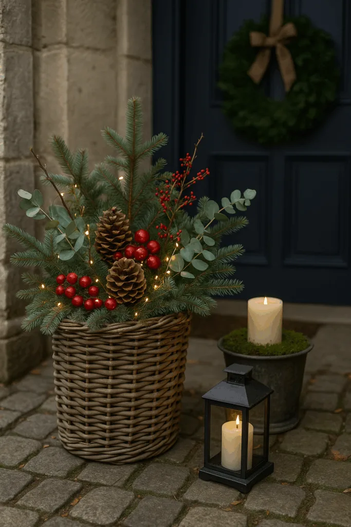 Weihnachtsdeko im Vorgarten mit Korb, Tannenzweigen, Zapfen und Lichterkette