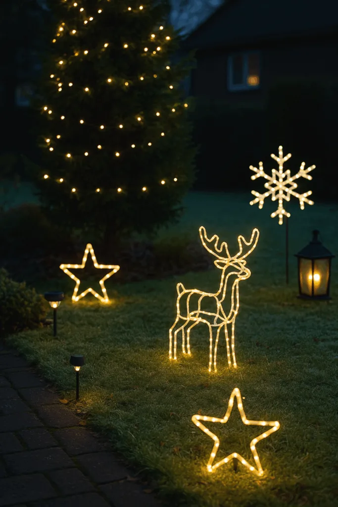 Beleuchtete Weihnachtsfiguren und Lichter im Vorgarten bei Dämmerung