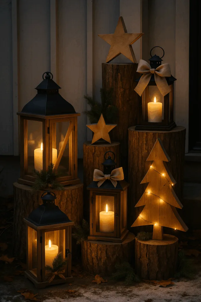 Rustikale Weihnachtsdeko im Vorgarten mit Holzlaternen, Baumstämmen und warmem Kerzenlicht