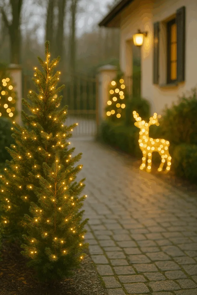 Weihnachtsdeko für die Einfahrt mit Lichterketten, Tannengrün und winterlicher Stimmung