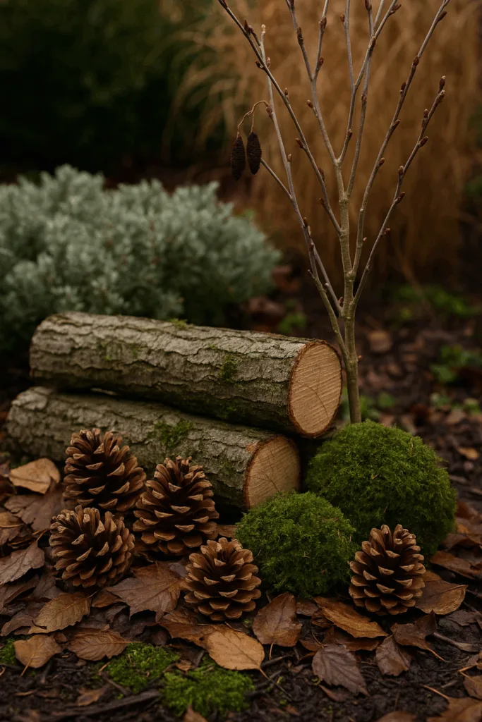 Winterdeko im Beet mit Baumstämmen, Mooskugeln und Tannenzapfen aus Naturmaterialien