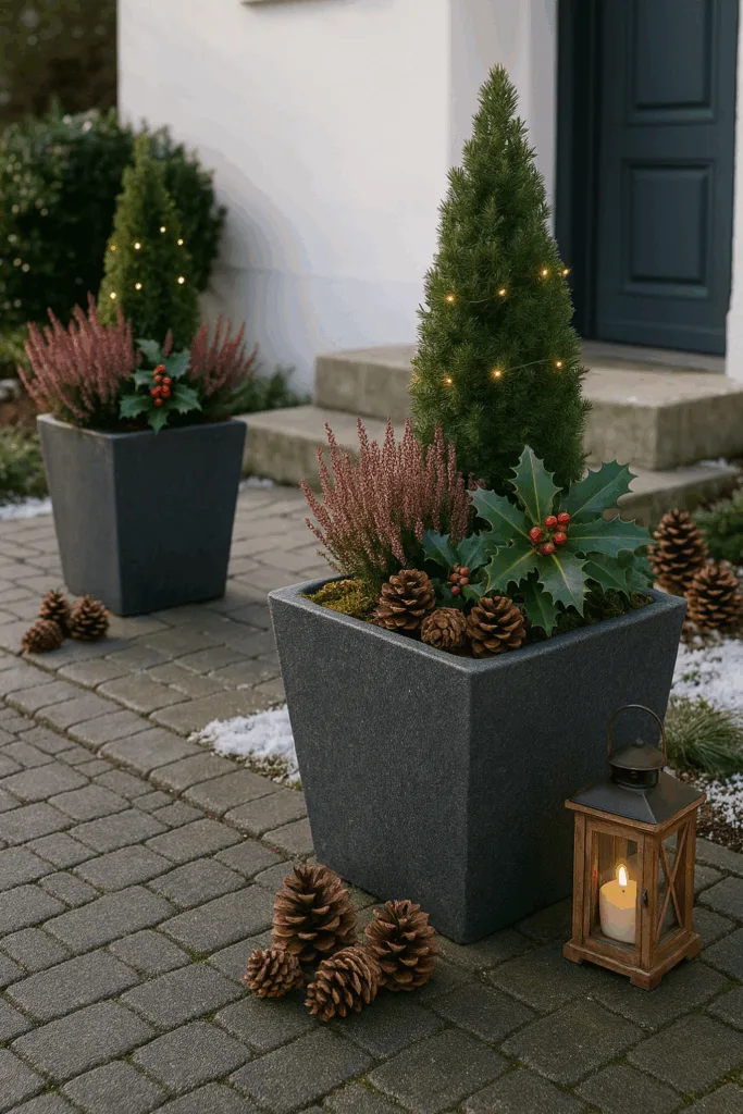 Weihnachtsdeko für die Einfahrt mit Pflanzkübeln, Ilex, Heide und Lichterkette
