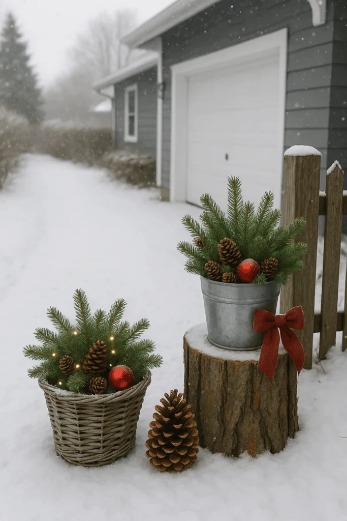 Verschneite Einfahrt mit natürlicher Weihnachtsdeko aus Holz, Tannenzweigen und warmem Licht