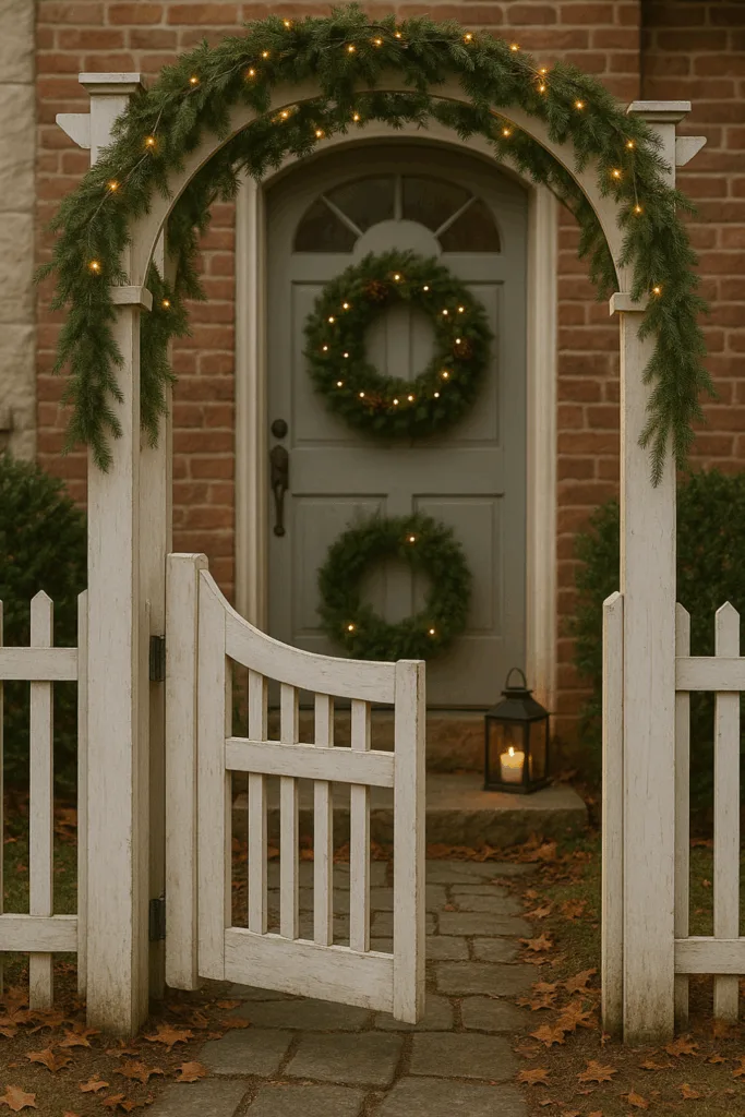 Weihnachtlich geschmückte Einfahrt mit Girlanden, Lichterketten und winterlicher Atmosphäre