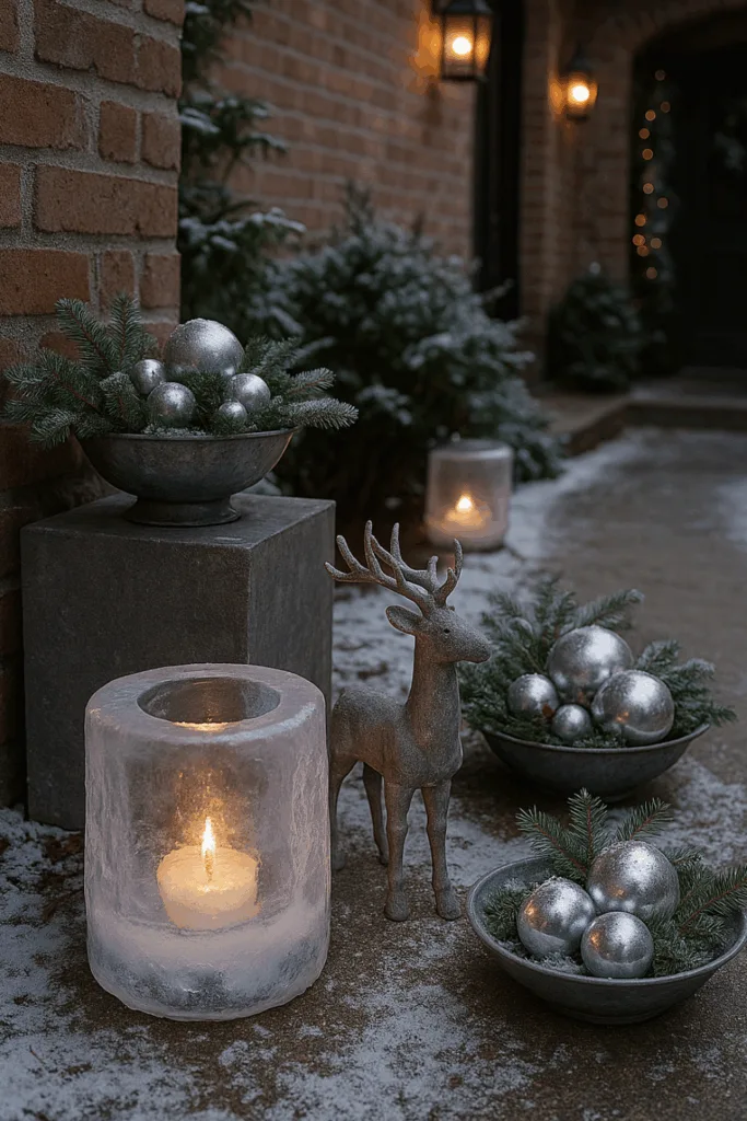 Weihnachtsdeko Einfahrt mit Eislichtern, Metallfiguren und winterlicher Atmosphäre
