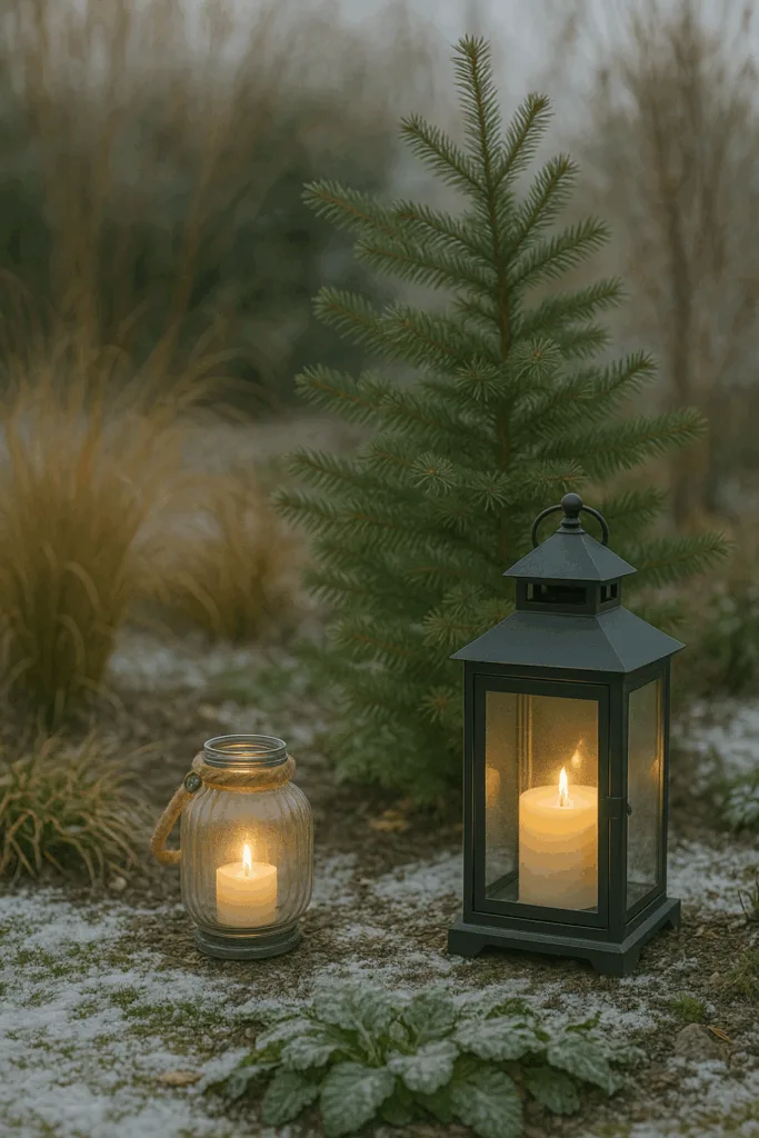 Winterdeko im Beet mit zwei leuchtenden Laternen neben einer kleinen Tanne im Schnee