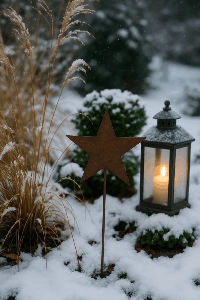 Winterdeko für Beete mit Metallstern und Laterne im verschneiten Garten