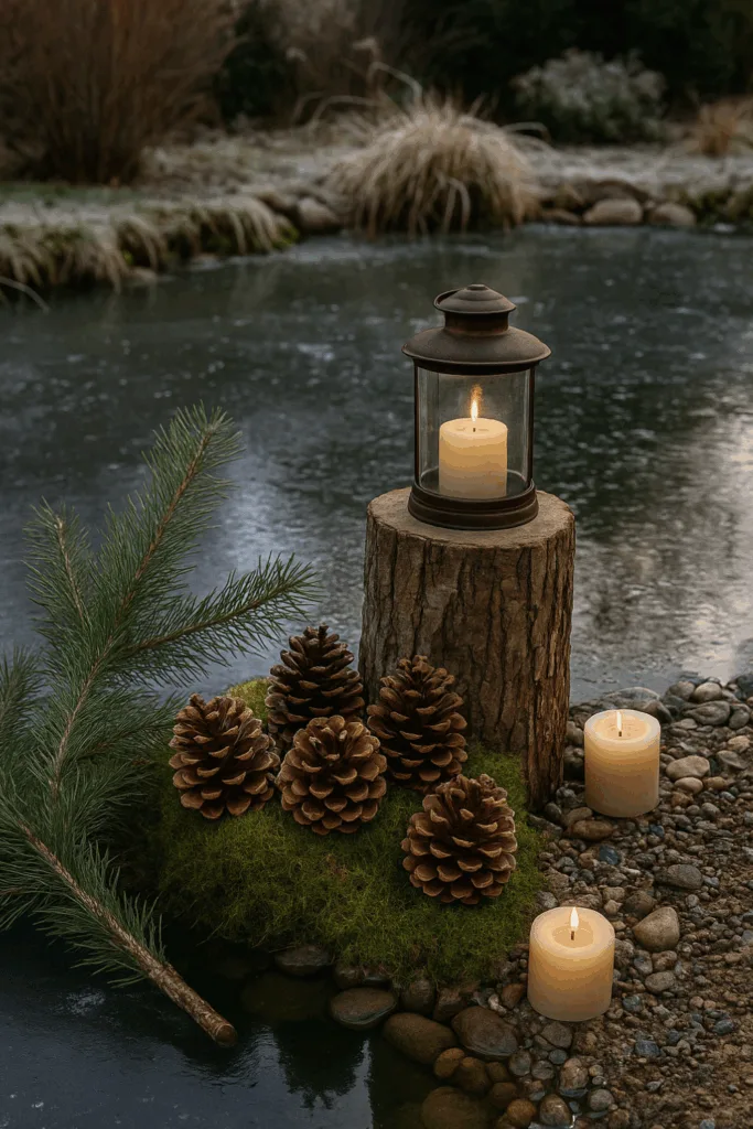 Winterdeko für den Gartenteich - 5 Ideen, die sofort Stimmung bringen Winterdeko am Gartenteich mit Tannenzweigen, Zapfen, Moos und Kerzen im Frost