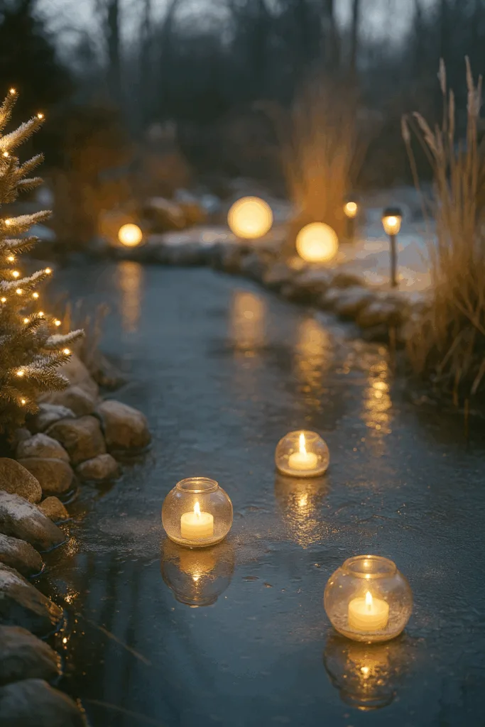Winterdeko für den Gartenteich - 5 Ideen, die sofort Stimmung bringen Beleuchteter Gartenteich im Winter mit schwimmenden Kerzen und warmem Licht
