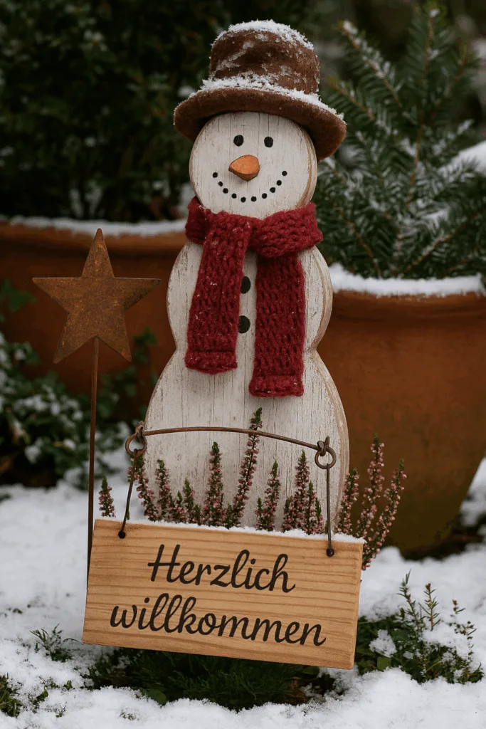 Winterdeko für den Schrebergarten - 5 schöne Ideen für die kalte Zeit Winterdeko im Schrebergarten mit Holzfigur, Roststern und Schnee zwischen Pflanzen