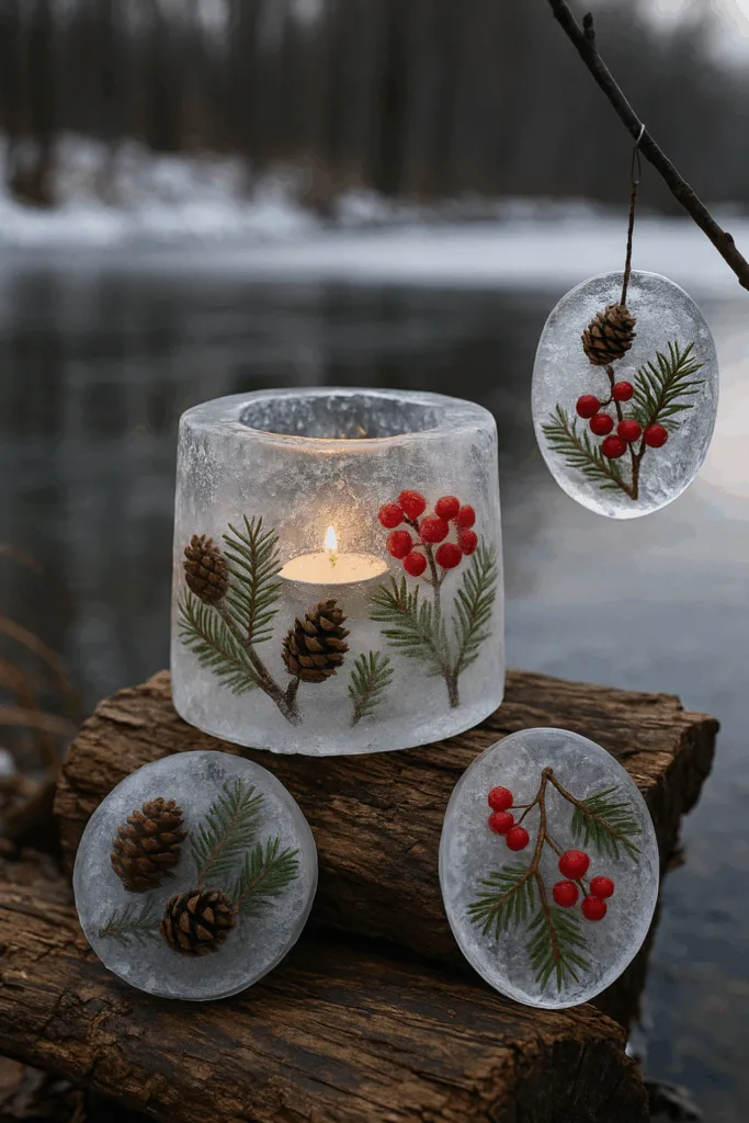 Winterdeko für den Gartenteich - 5 Ideen, die sofort Stimmung bringen Gefrorene Eislaterne mit Zapfen und Beeren als Winterdeko am Gartenteich