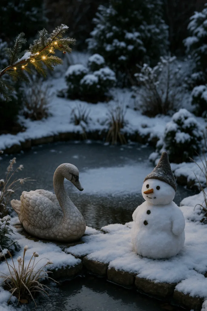 Winterdeko für den Gartenteich - 5 Ideen, die sofort Stimmung bringen Schneemann und Steinschwan als Winterdeko am verschneiten Gartenteich