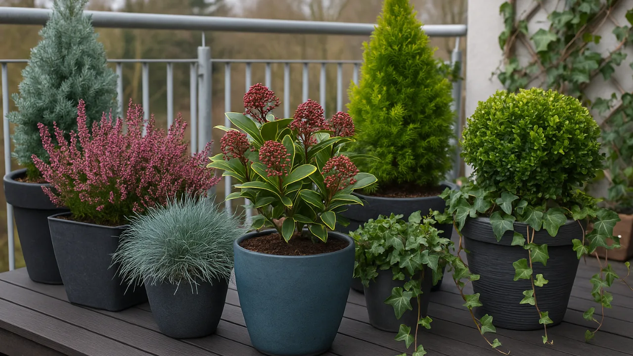 Winterfeste Balkonpflanzen – Tipps für einen grünen Balkon im Winter Winterfeste Balkonpflanzen in Töpfen mit Heide, Efeu und Koniferen auf Holzboden