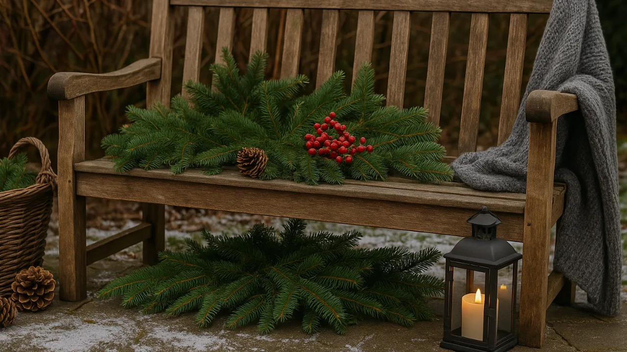 Rustikale Gartenbank winterlich dekoriert mit Tannenzweigen, Beeren und Laterne