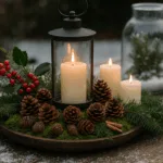 Winterdeko Gartentisch mit Tannenzapfen, Moos, Kerzen und roten Beeren