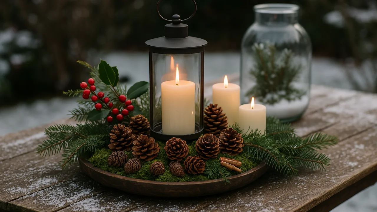 Winterdeko Gartentisch mit Tannenzapfen, Moos, Kerzen und roten Beeren