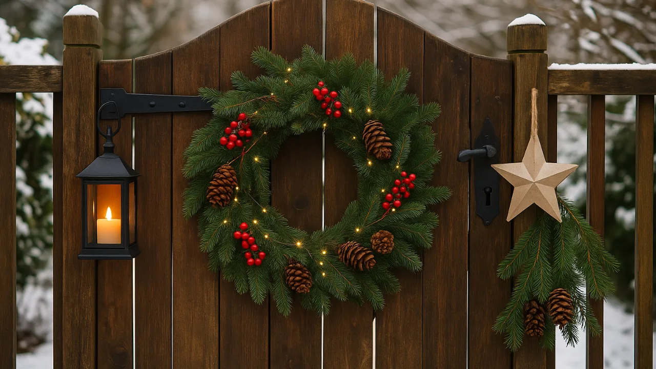 Winterdeko am Gartentor mit Kranz, Laterne und Naturmaterialien im verschneiten Garten