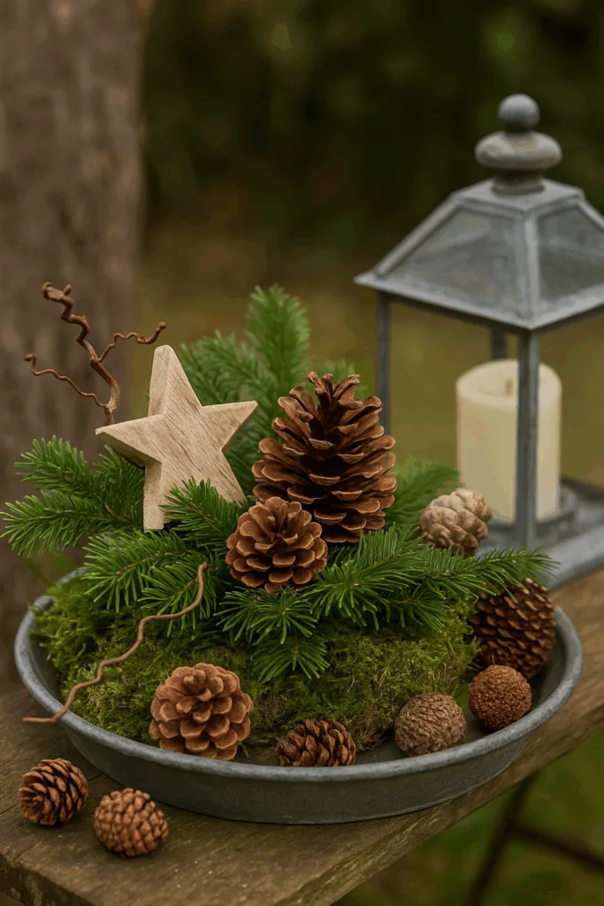 Winterdeko für kleine Gärten mit Holzstern, Tannenzapfen und Moos in Schale