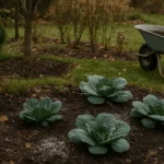 Garten im November mit Gemüsebeet, Obstbaum und Radschubkarre beim Düngen
