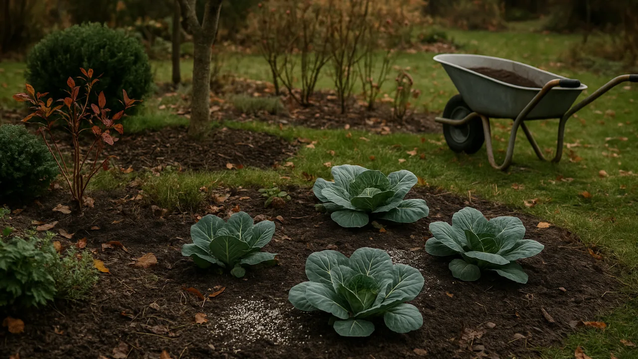 Diese 5 Pflanzen solltest du im November unbedingt düngen! Garten im November mit Gemüsebeet, Obstbaum und Radschubkarre beim Düngen