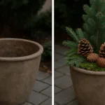 Vorher-nachher Pflanzkübel: leerer Topf und geschmückte Winterdeko mit Tannenzweigen