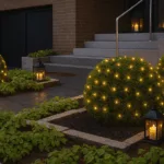 Moderner Vorgarten mit Weihnachtsdeko, Lichterketten, Laternen und Holzfiguren im Abendlicht