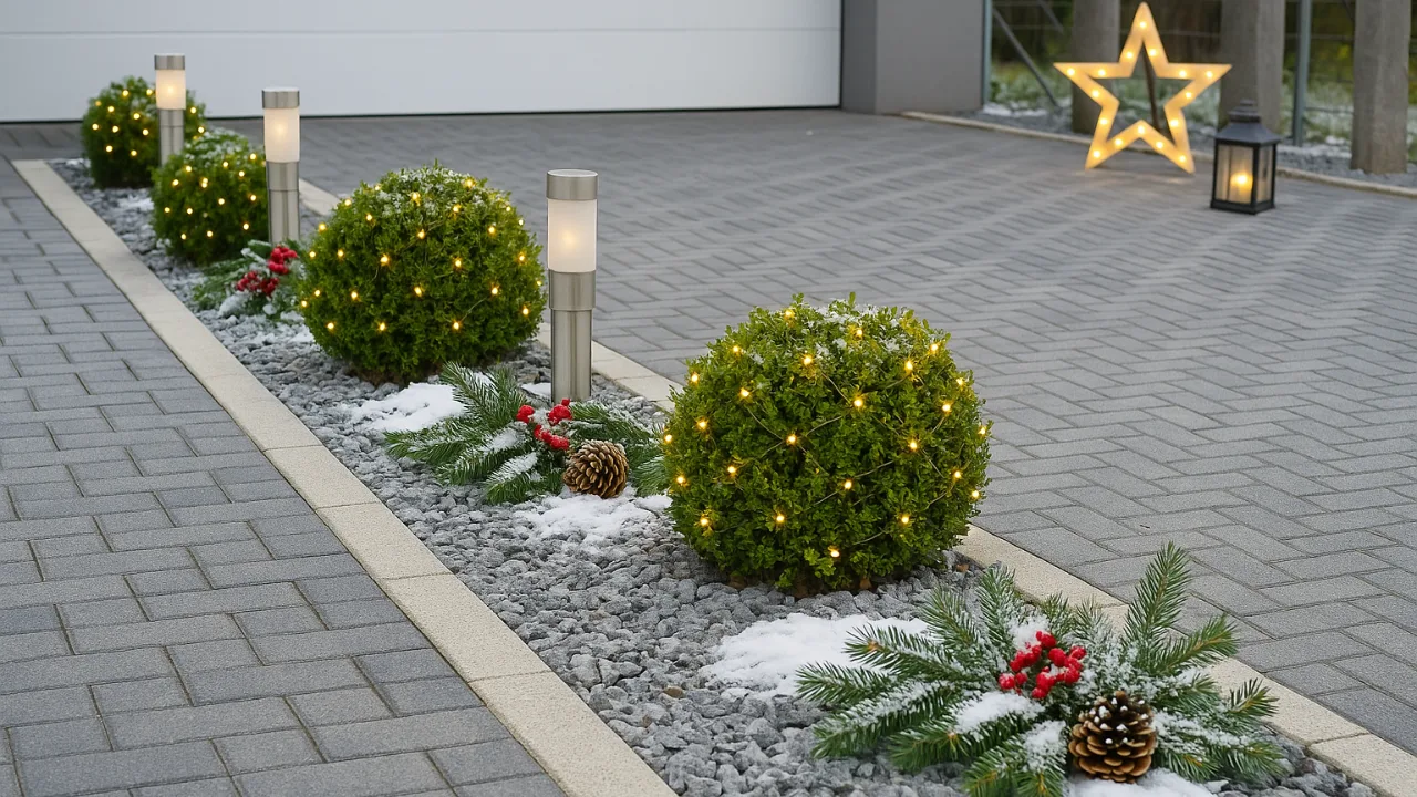 Einfahrt mit Weihnachtsdeko, Buchsbäumen, Lichterketten und Tannenzweigen im Winter