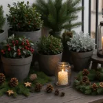 Winterdeko auf dem Balkon mit immergrünen Pflanzen, Kerzen und Tannenzweigen