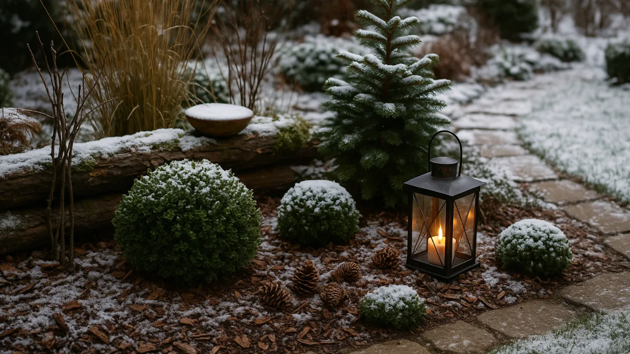 Winterdeko für Beete mit Laterne, Buchsbaum und Schnee im winterlichen Garten