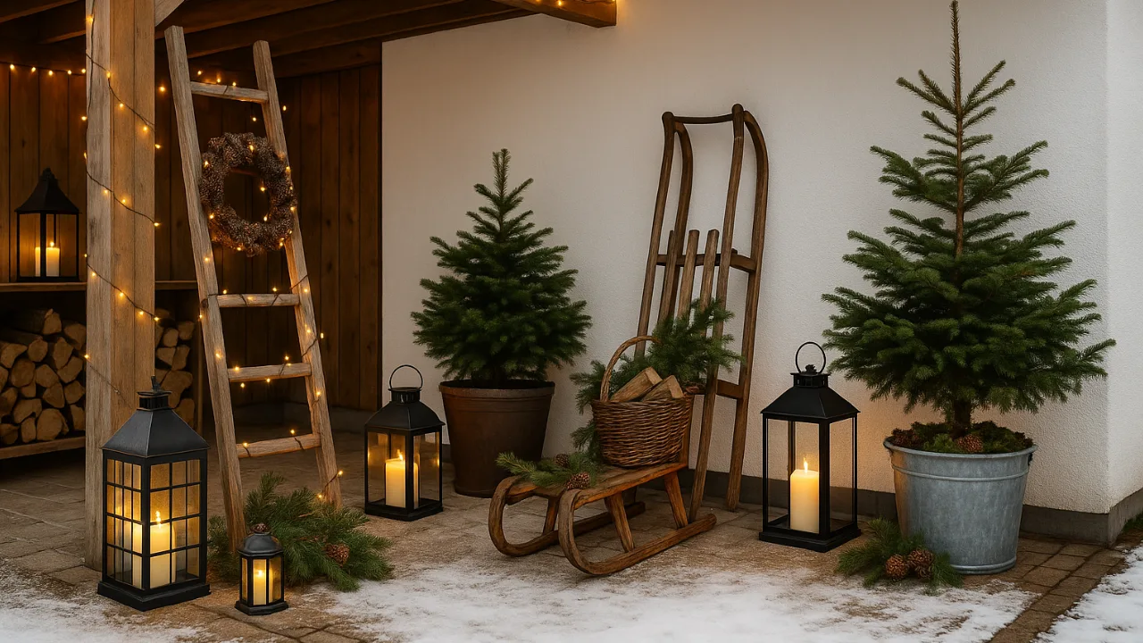 Winterdeko im Carport mit Lichterketten, Tannenbäumen und Laternen