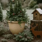 Winterdeko im großen Garten mit Pflanzkübel, Vogelhaus und Frostzauber