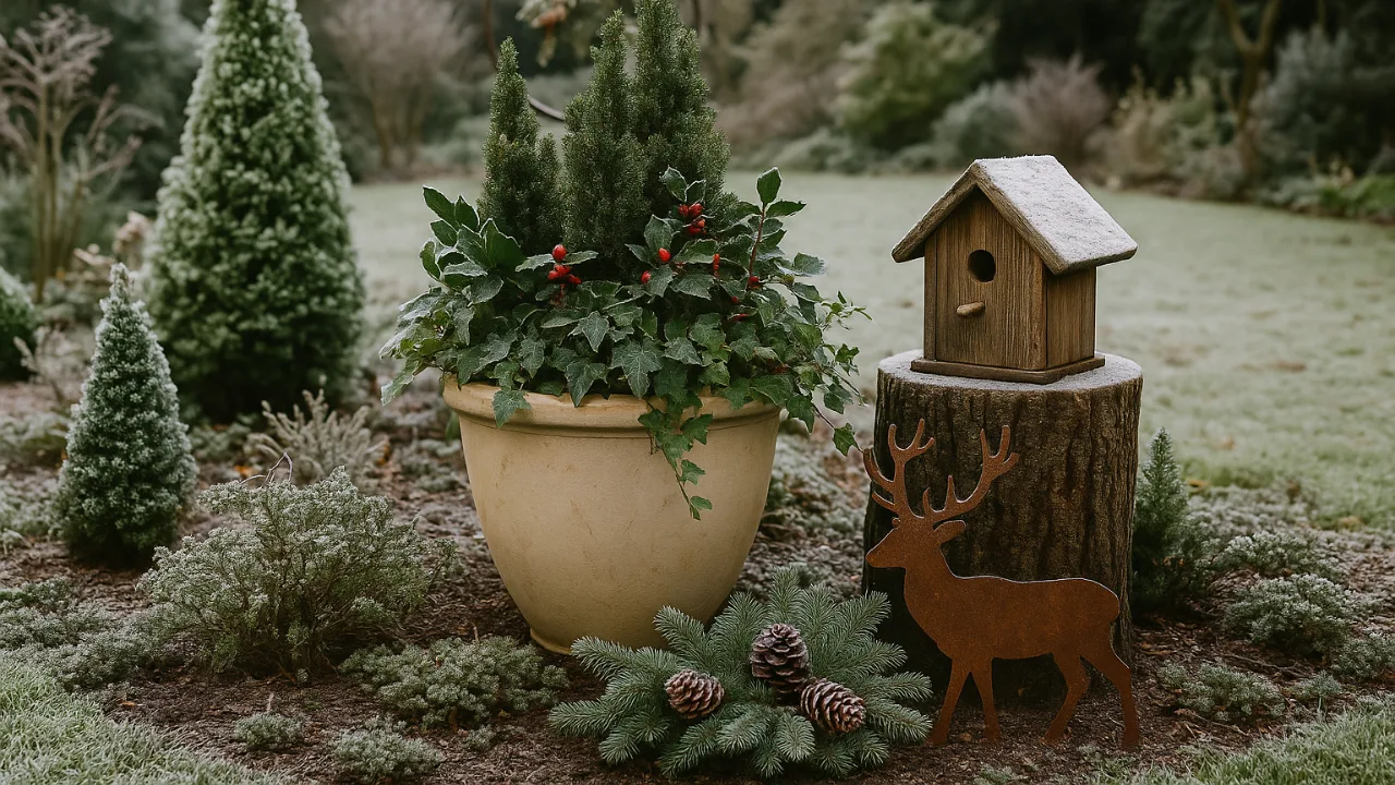 Winterdeko im großen Garten mit Pflanzkübel, Vogelhaus und Frostzauber