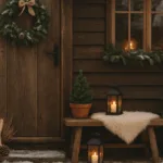 Winterdeko Gartenhaus mit Kranz, Tannengrün, Laternen und Kerzen im Schnee