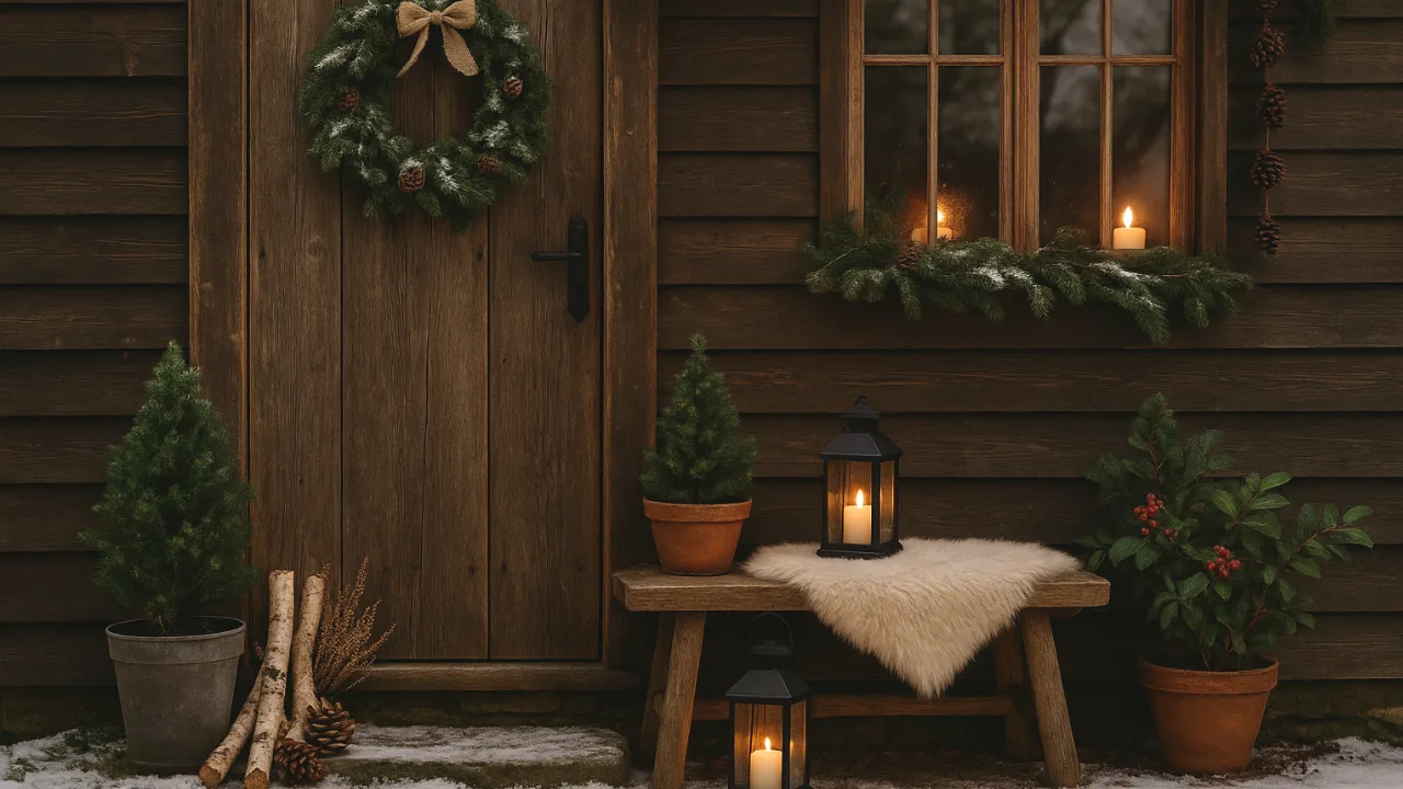 Winterdeko Gartenhaus mit Kranz, Tannengrün, Laternen und Kerzen im Schnee