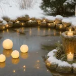Winterdeko am Gartenteich mit Lichtern, Schneemann und Kerzen im Schnee