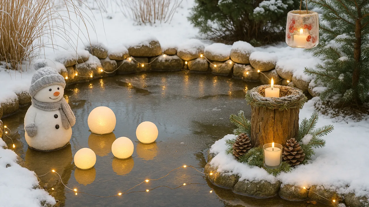 Winterdeko für den Gartenteich – 5 Ideen, die sofort Stimmung bringen Winterdeko am Gartenteich mit Lichtern, Schneemann und Kerzen im Schnee