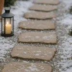Beleuchteter Gartenweg mit Laternen und Winterdeko aus Tannenzweigen und Schnee