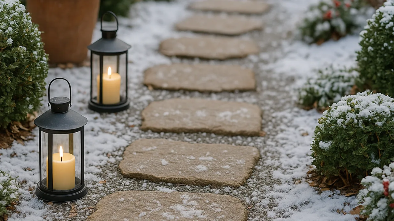 Beleuchteter Gartenweg mit Laternen und Winterdeko aus Tannenzweigen und Schnee