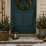 Winterdeko Hauseingang mit immergrünen Pflanzen, Laternen und Naturmaterialien im Schnee