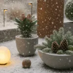 Moderner Wintergarten mit Winterdeko, Schneefall, Betonpflanzkübeln und sanfter Beleuchtung