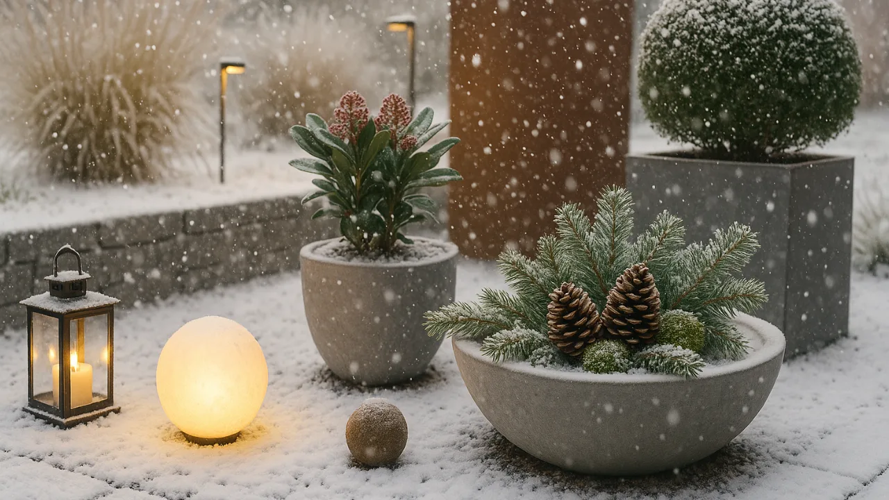 Winterdeko für moderne Gärten – 5 stilvolle Ideen mit Atmosphäre Moderner Wintergarten mit Winterdeko, Schneefall, Betonpflanzkübeln und sanfter Beleuchtung