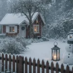 Winterdeko im Schrebergarten mit Schneemann, Laterne und rotem Gartenhaus im Schnee