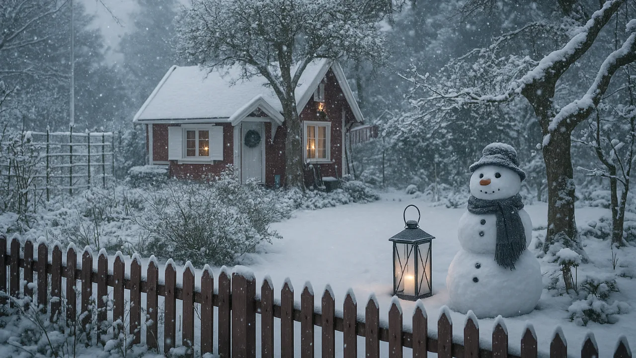Winterdeko für den Schrebergarten – 5 schöne Ideen für die kalte Zeit Winterdeko im Schrebergarten mit Schneemann, Laterne und rotem Gartenhaus im Schnee