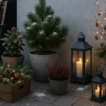 Winterdeko Terrasse mit Lichtern, Pflanzen und Laternen im Schnee